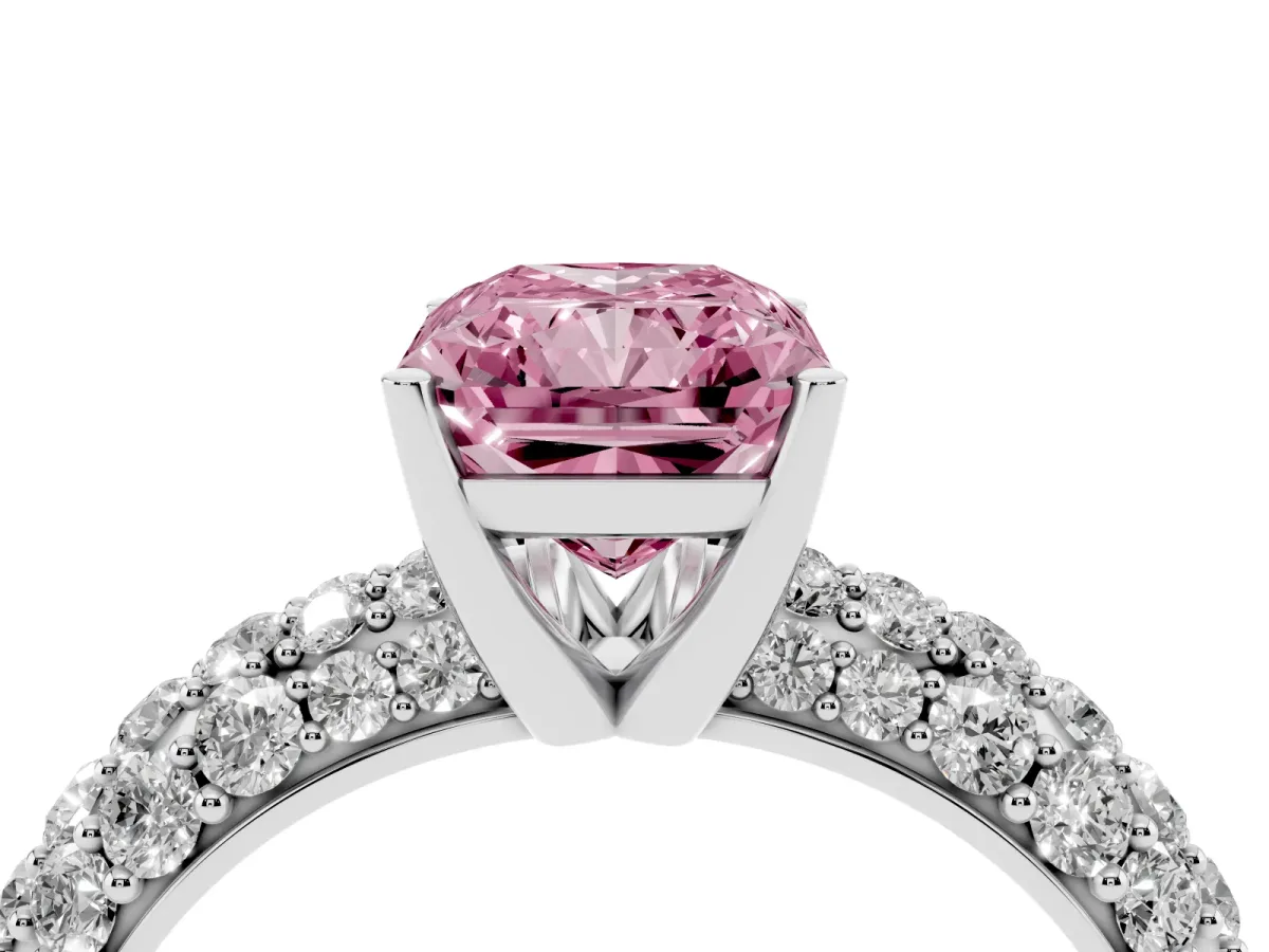 Fancy Pink Radiant Cut Diamond Pavé Band Solitaire Ring with Four-Prong Setting White gold