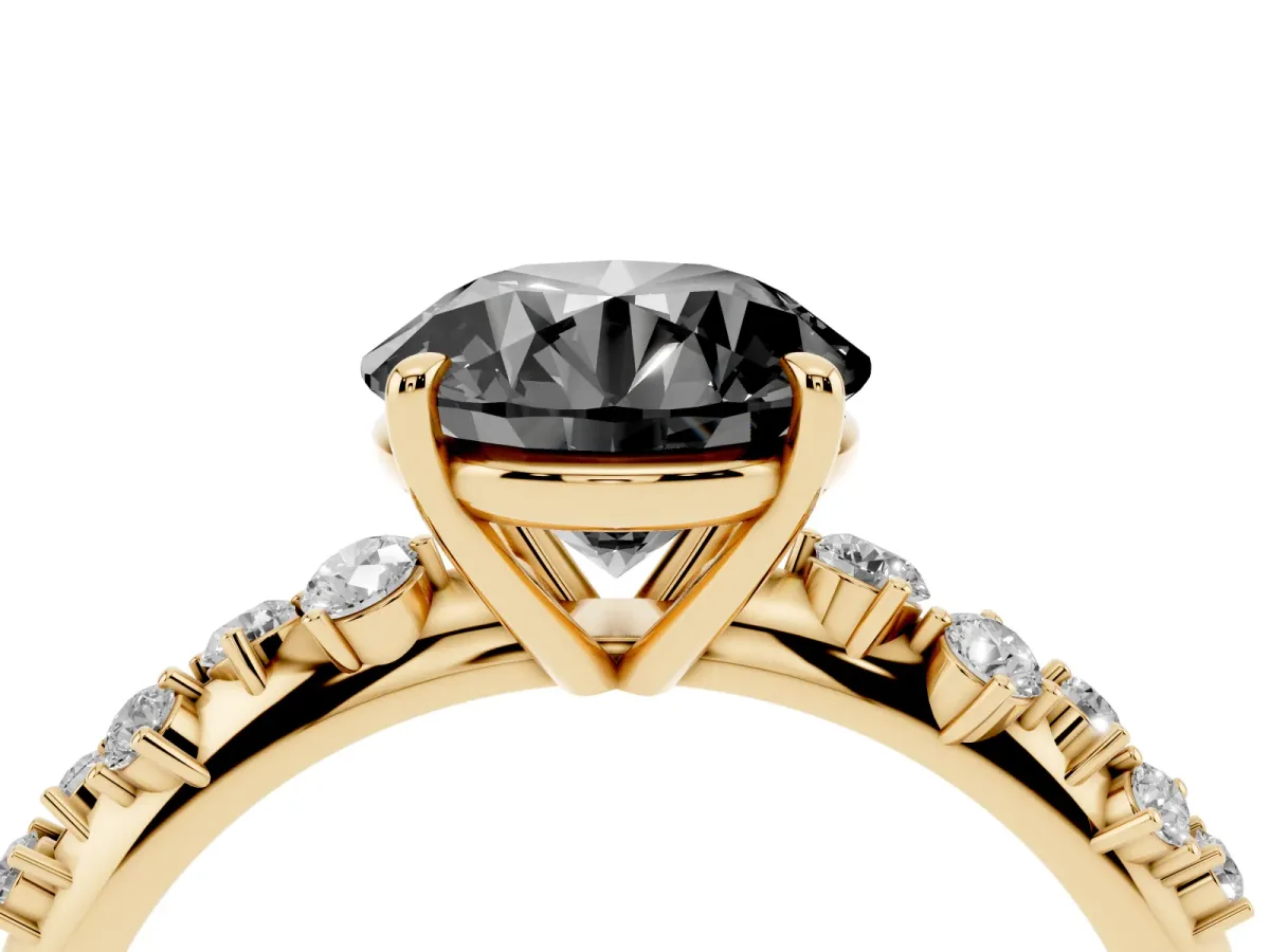 Fancy Black Round Cut Diamond Cluster Side Stone Solitaire Ring with Prong Setting Yellow gold
