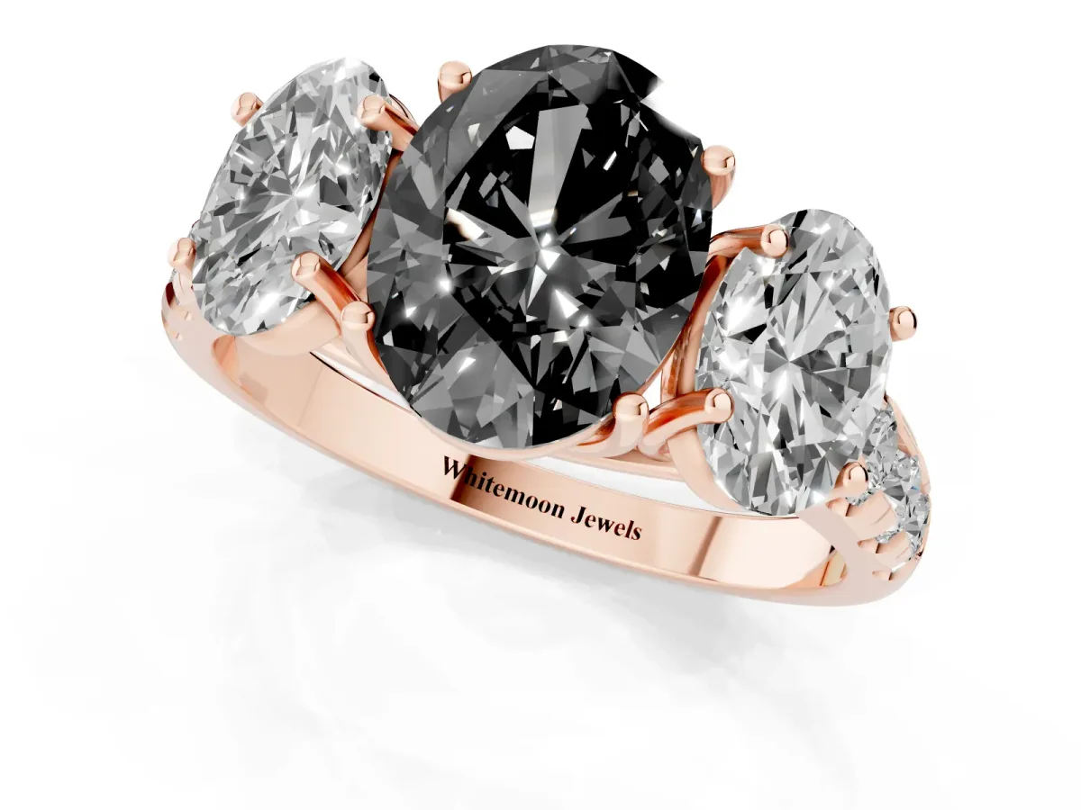 Fancy Black Three-Stone Oval Cut Diamond Pavé Band with Prong Setting Rose gold