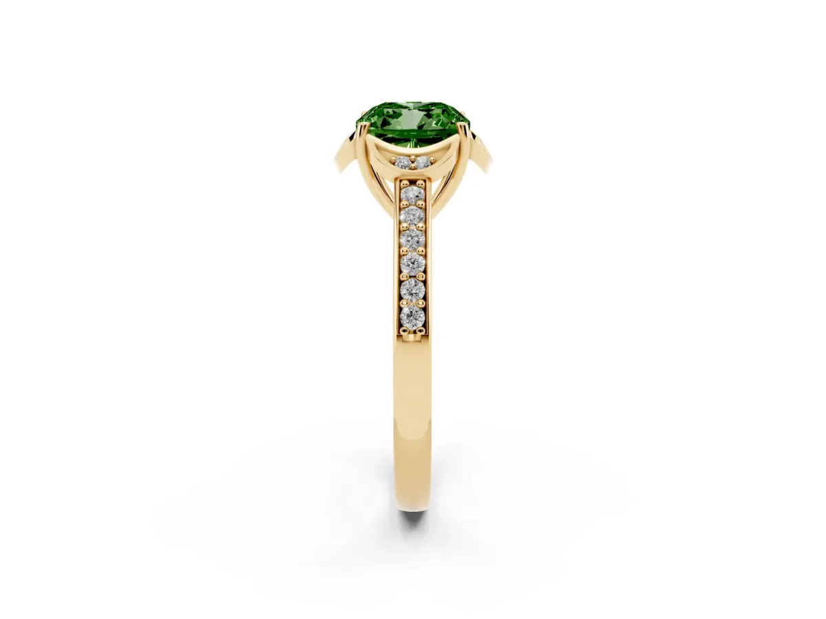 Fancy Green Cushion Cut Cut Halo Diamond Ring with Channel Set Band and Four-Prong Setting Yellow gold