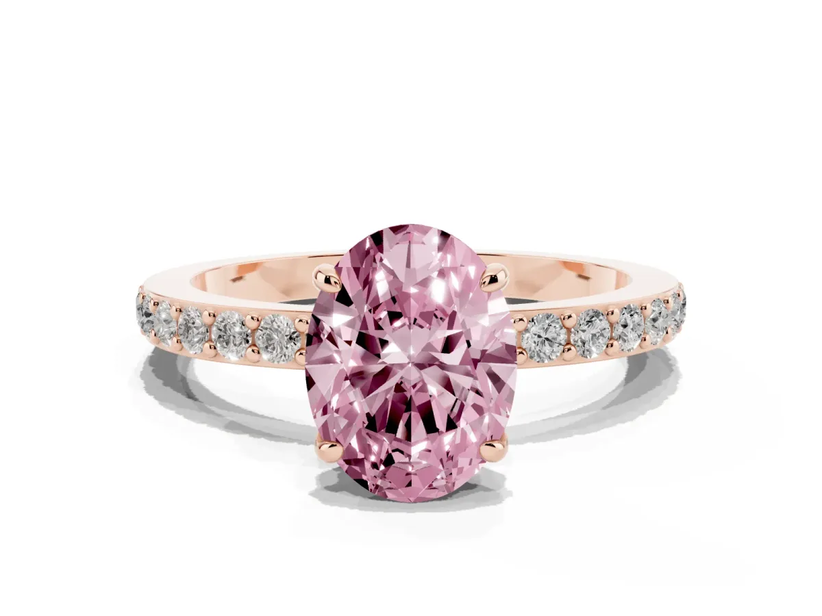 Fancy Pink Oval Cut Diamond Pavé Engagement Ring with Round Accents and Prong Setting Rose gold
