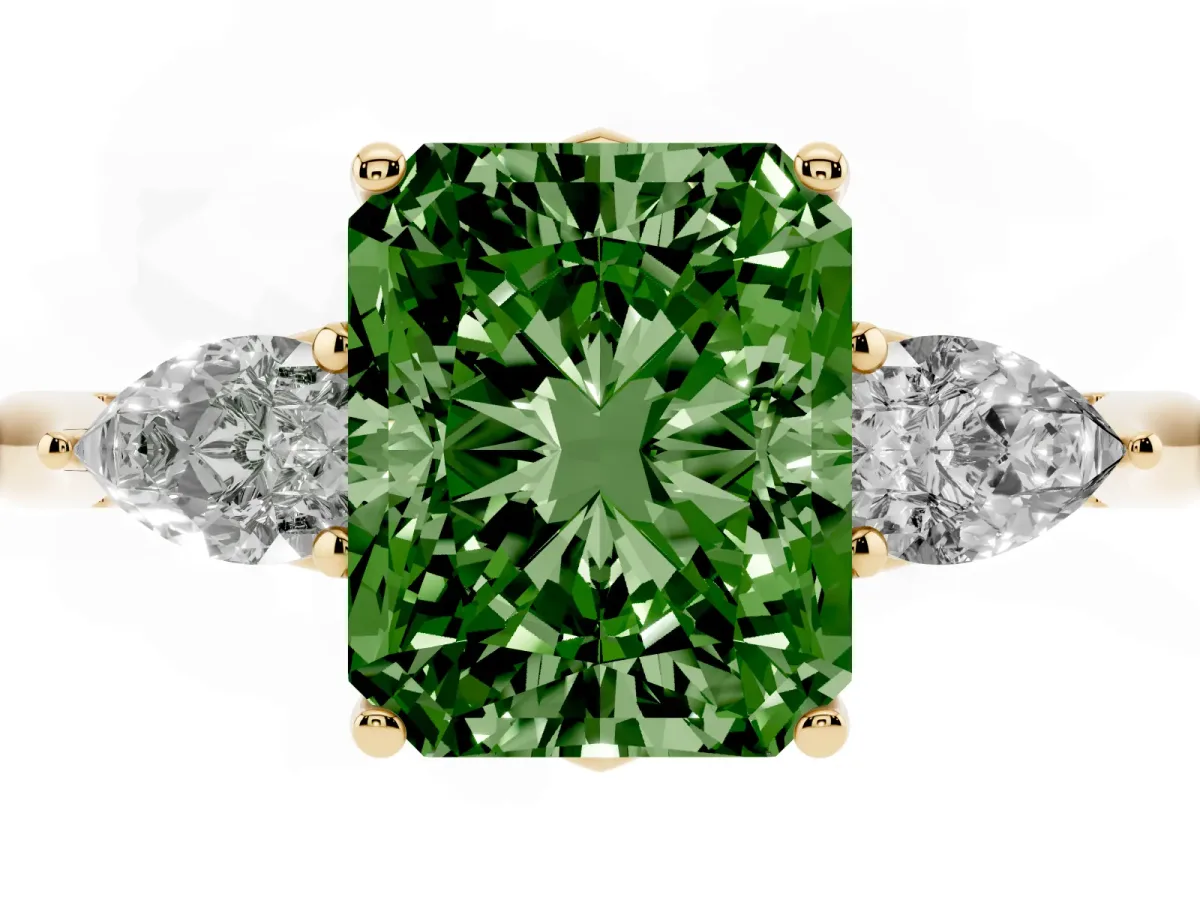 Fancy Green Radiant Cut Diamond Three-Stone Ring with Pear Side Stones and Prong Setting Yellow gold
