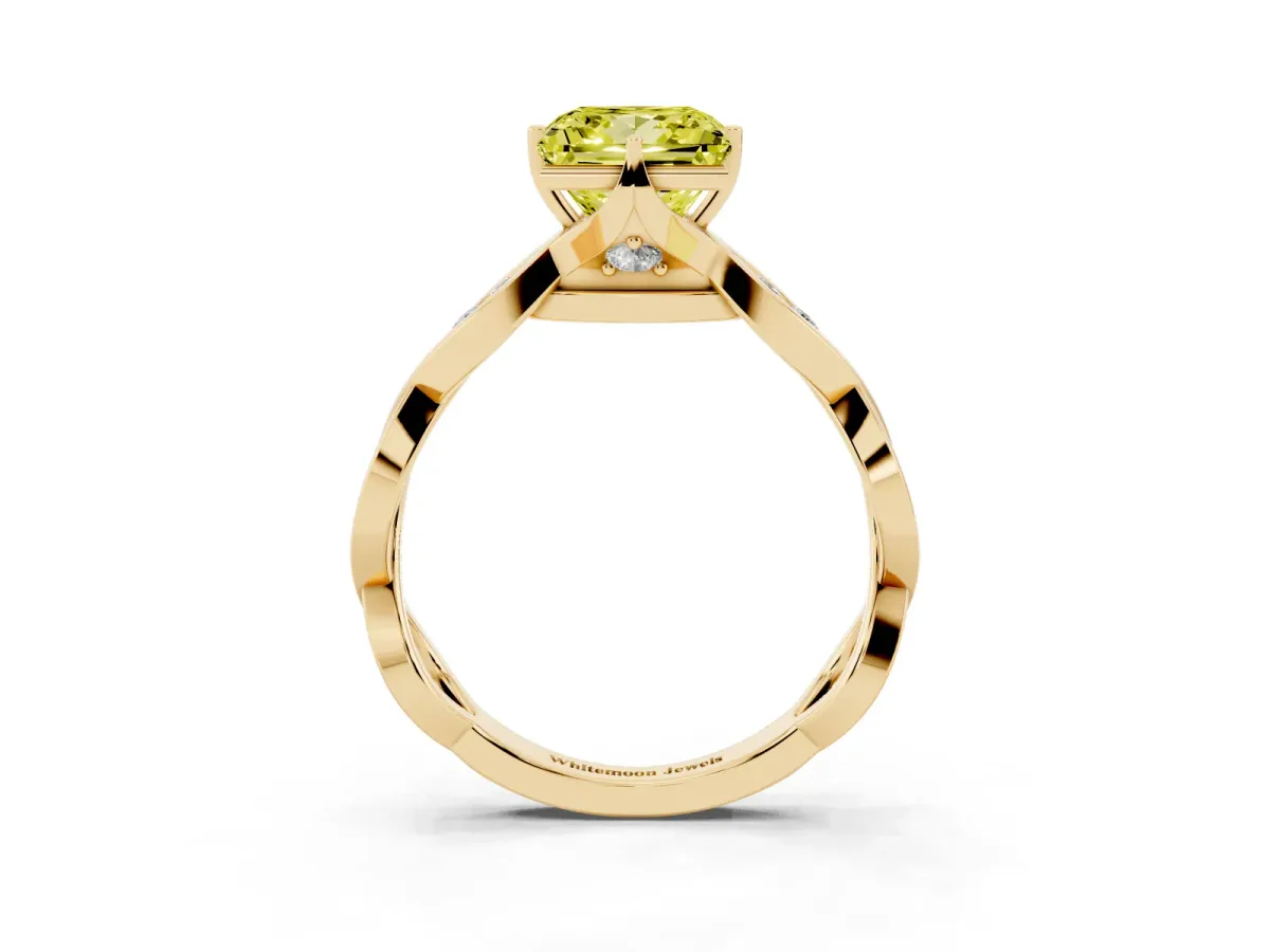 Fancy Yellow Princess Cut Solitaire Twist Band with Leaf Prong Setting Yellow gold