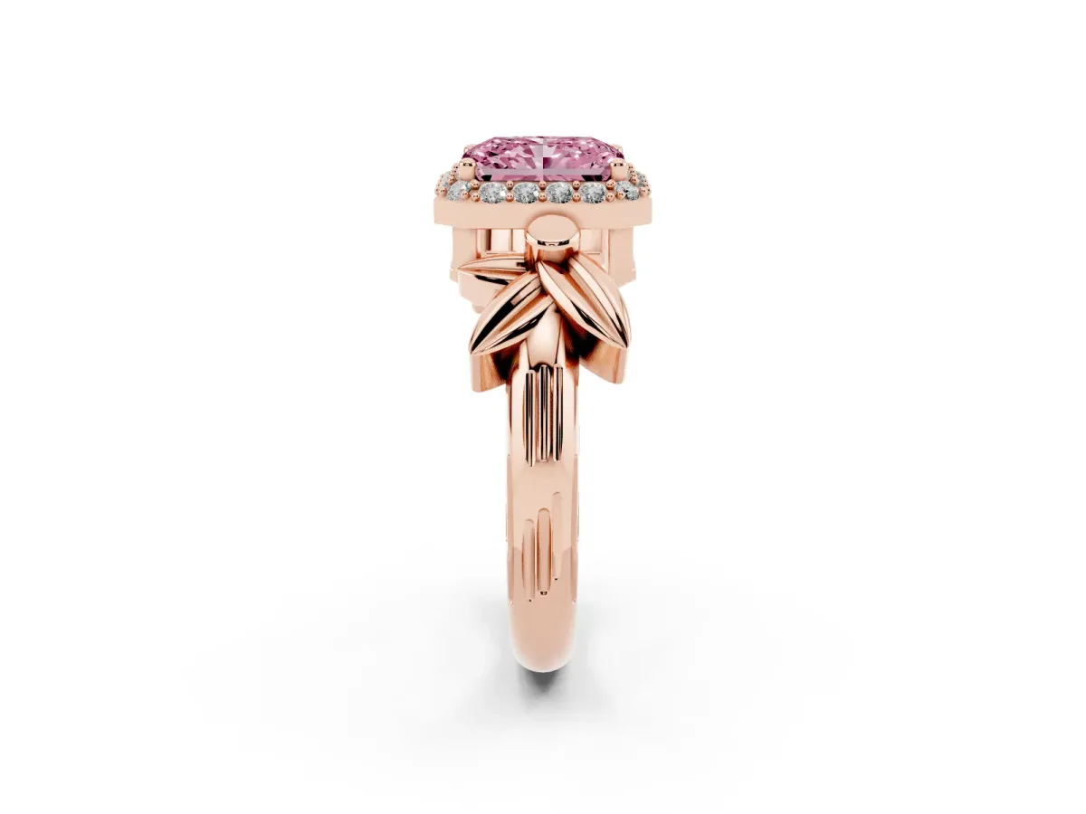 Fancy Pink Radiant Cut Halo Diamond Floral Band with Four-Prong Setting Rose gold