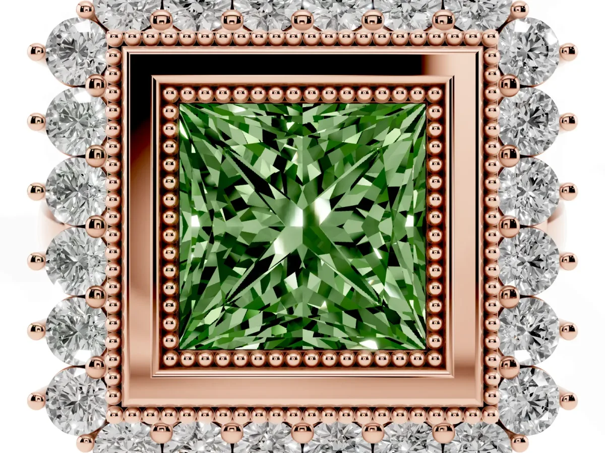 Fancy Green Princess Cut Halo Diamond Ring with Milgrain Edge and Round Prong Setting Rose gold