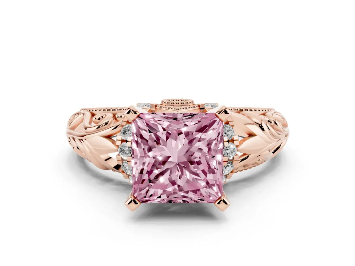 Fancy Pink Princess Cut Solitaire Filigree Engagement Ring with Halo and Prong Setting Rose gold