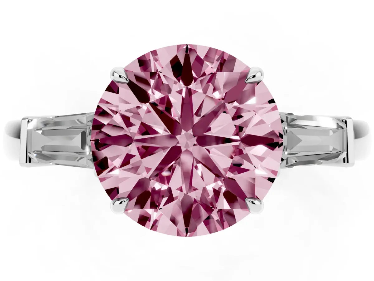Fancy Pink Round Cut Diamond Three-Stone Ring with Tapered Baguette Side Stones and Prong Setting White gold