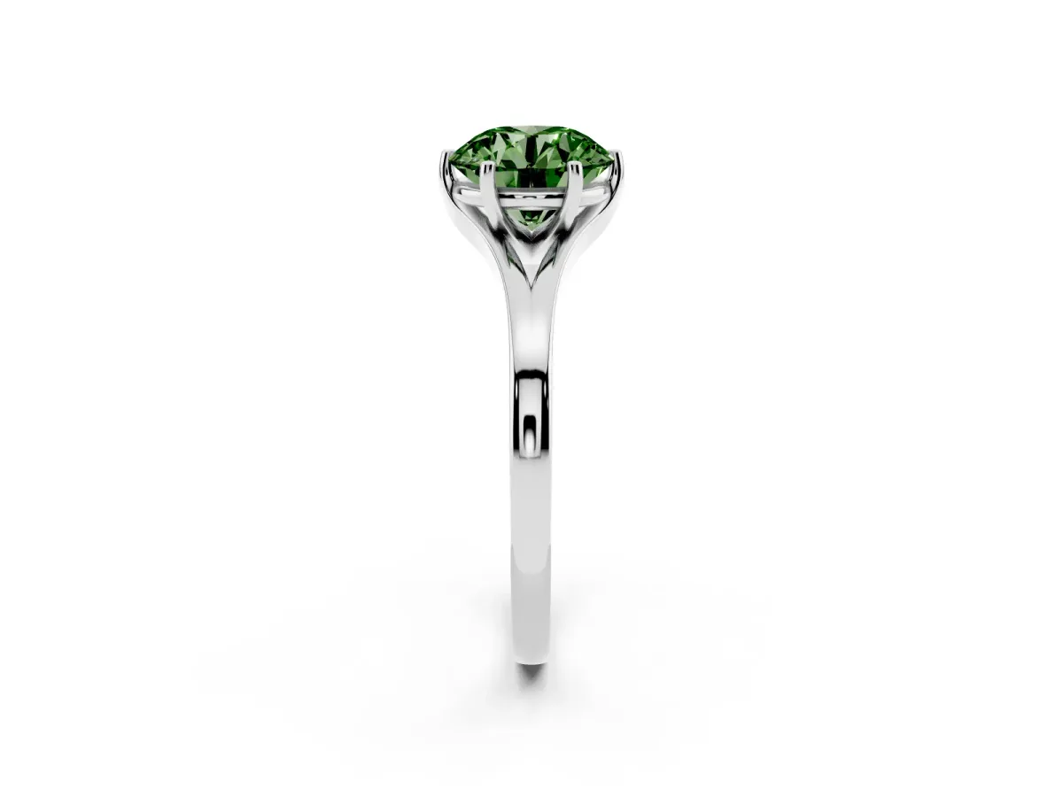 Fancy Green Round Cut Solitaire Diamond Ring with Six-Prong Setting and Tapered Band Silver