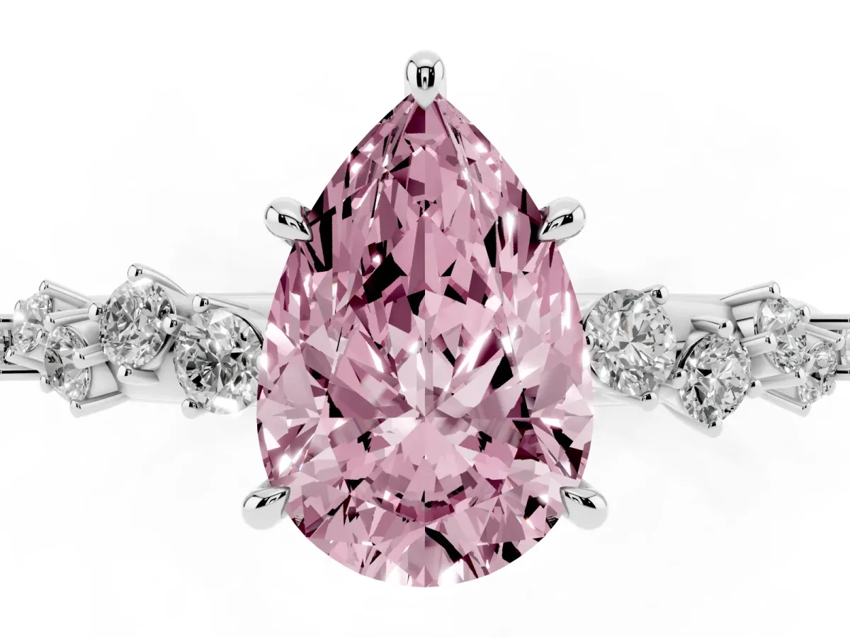 Fancy Pink Pear Cut Diamond Cluster Side Stone Solitaire Ring with Prong Setting Silver