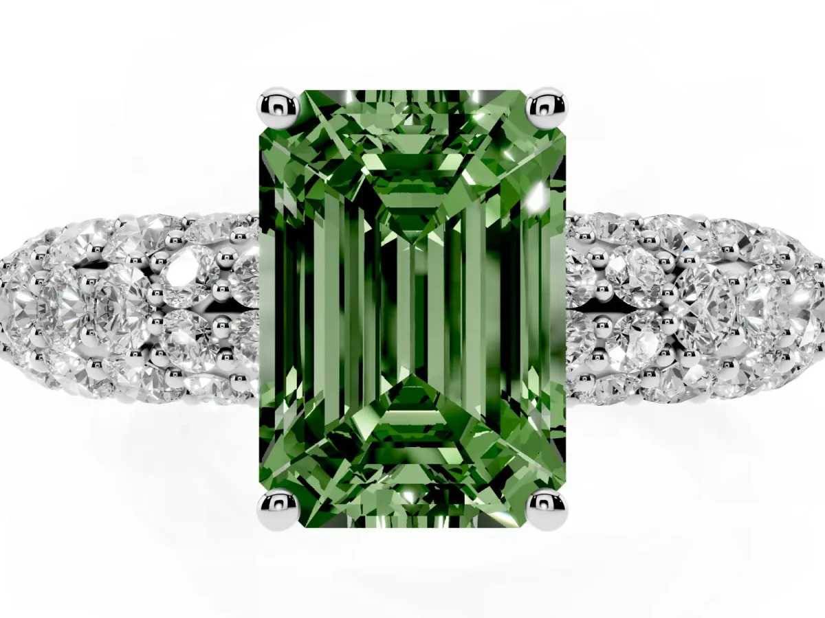 Fancy Green Emerald Cut Diamond Pavé Band Solitaire Ring with Four-Prong Setting Silver