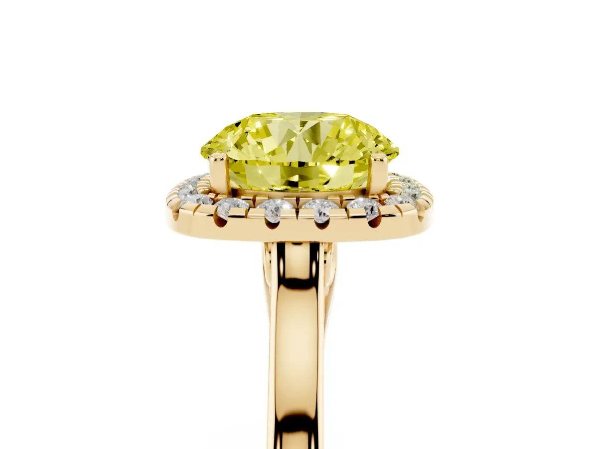 Fancy Yellow Round Cut Halo Round Diamond Solitaire Ring with Pavé Band and Four-Prong Setting Yellow gold