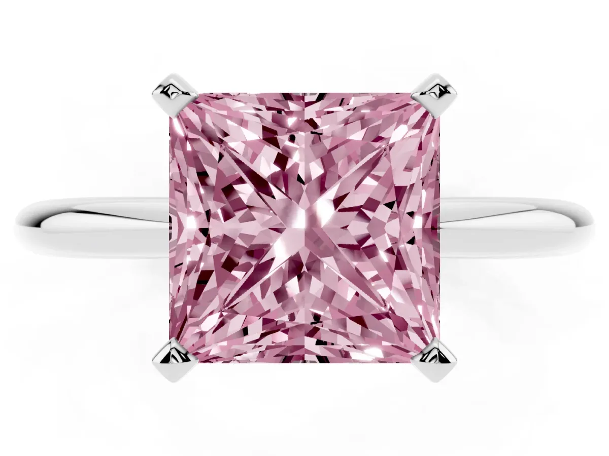 Fancy Pink Princess Cut Diamond Solitaire Ring with Prong Setting and Classic Band Platinum
