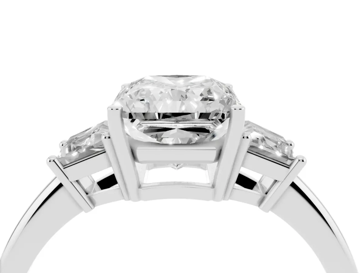 Radiant Cut Diamond Three-Stone Ring with Trapezoid Side Stones and Prong Setting Platinum