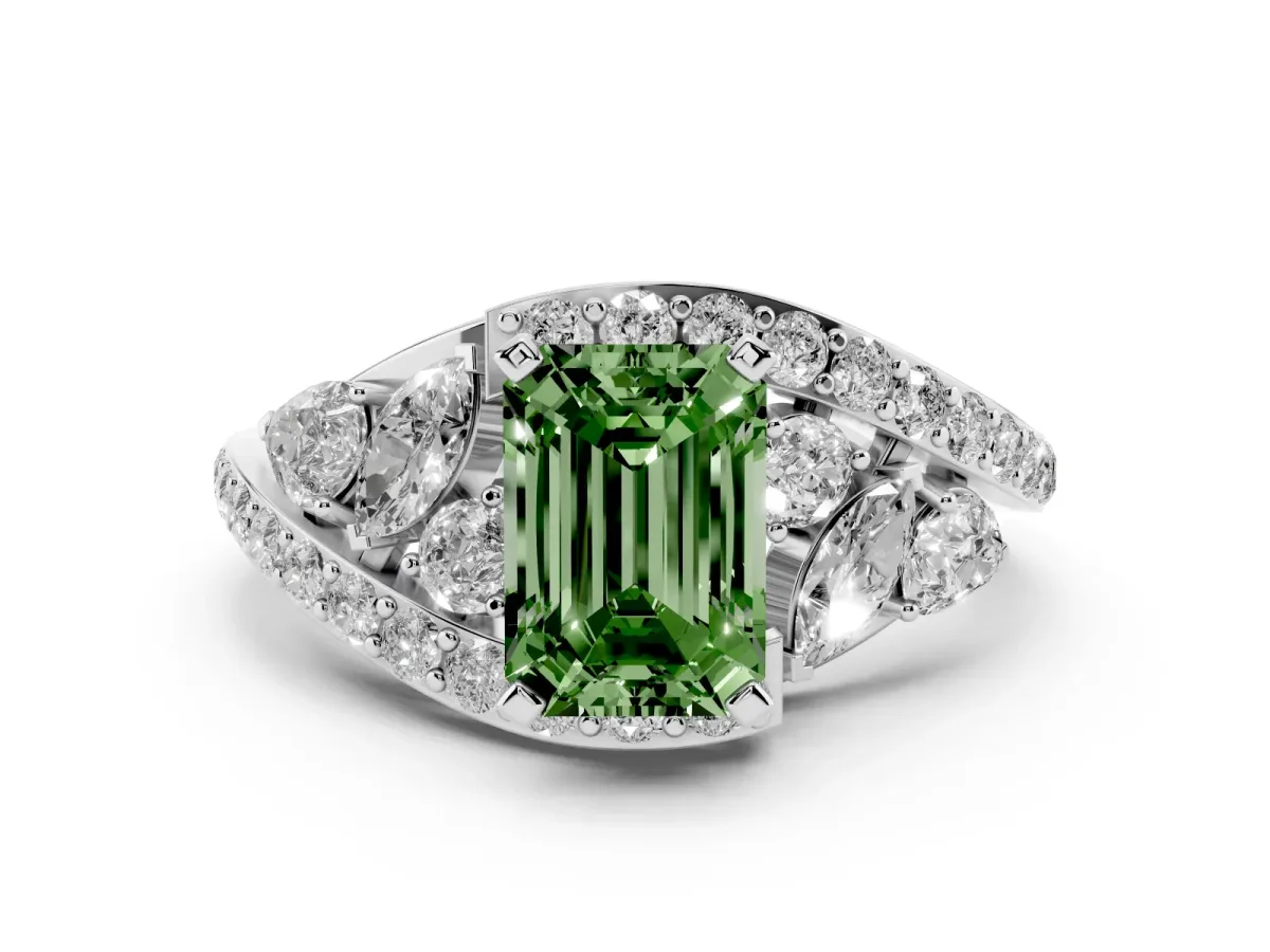 Fancy Green Emerald Cut Diamond Halo Ring with Marquise and Pavé Band in Prong Setting Silver