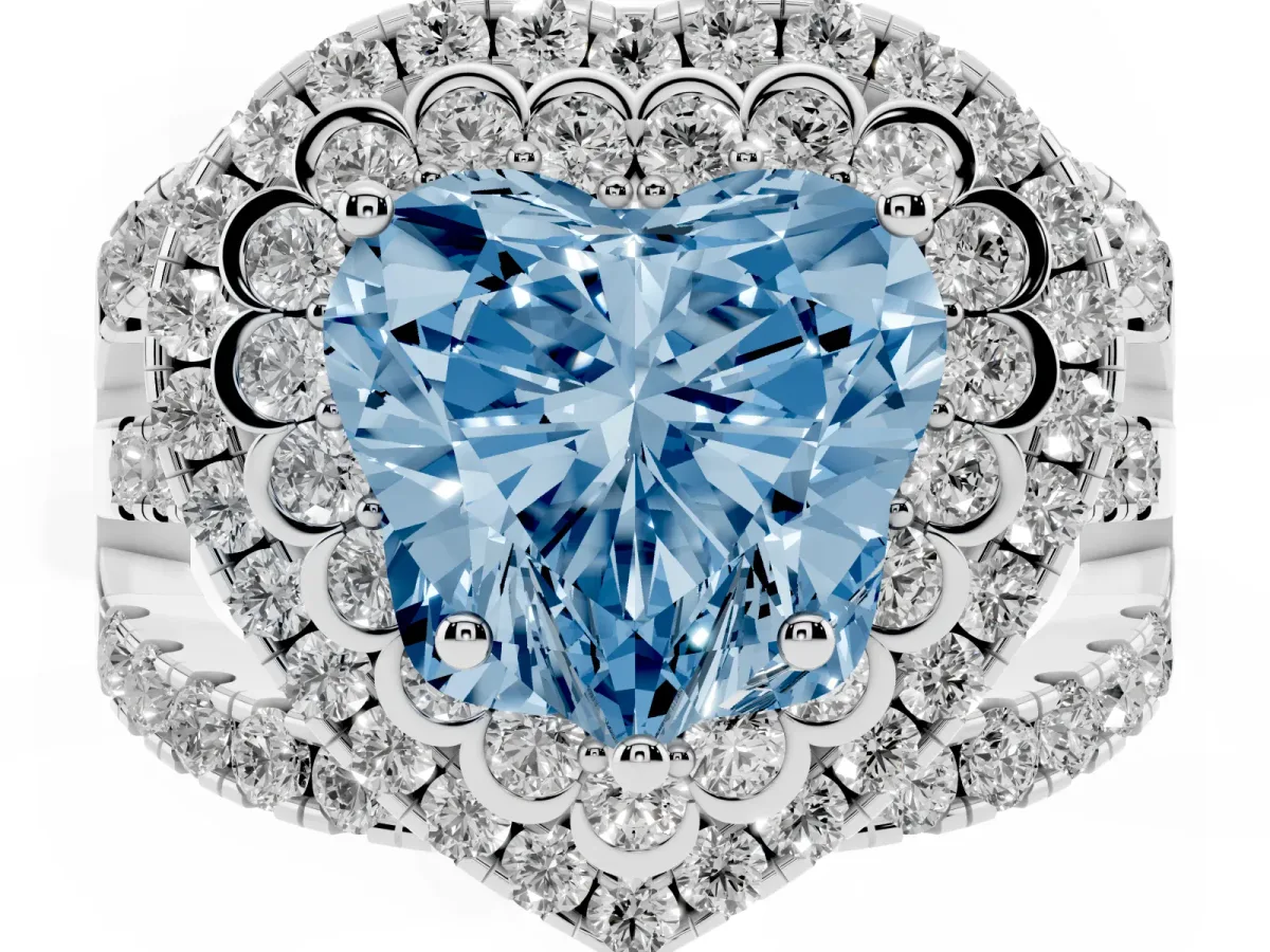 Fancy Blue Heart Cut Diamond Double Halo Ring with Round Pavé Split Shank and Prong Setting Silver
