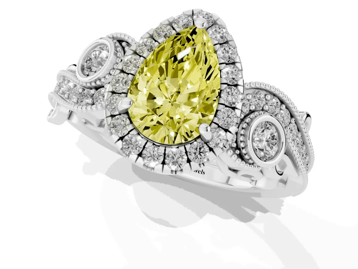 Fancy Yellow Pear Cut Diamond Halo Ring with Milgrain Pavé Band and Four-Prong Setting Platinum