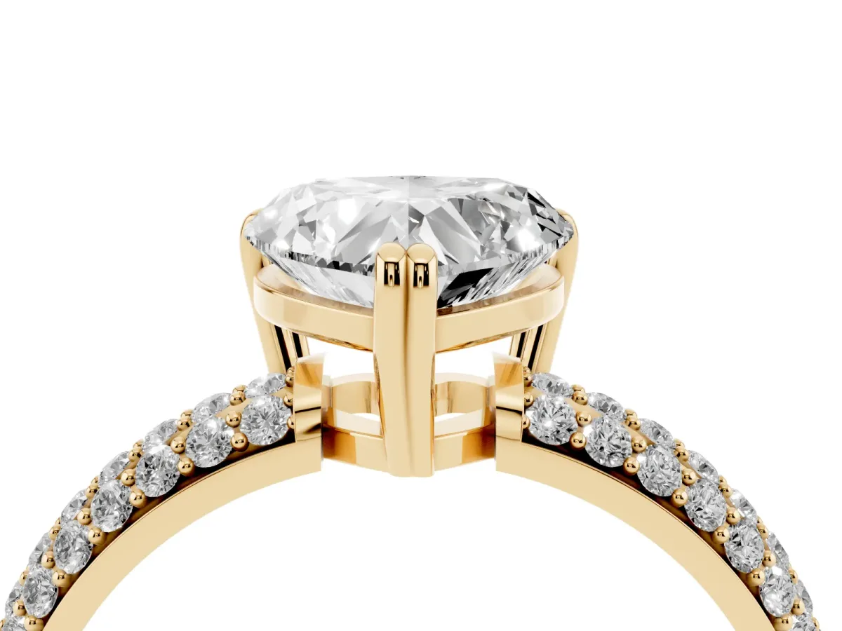Heart Cut Diamond Solitaire Ring with Multi-Row Round Pavé Band and Prong Setting Yellow gold
