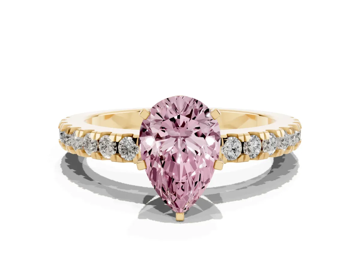 Fancy Pink Pear Cut Solitaire Diamond with Pavé Band and Four-Prong Setting Yellow gold