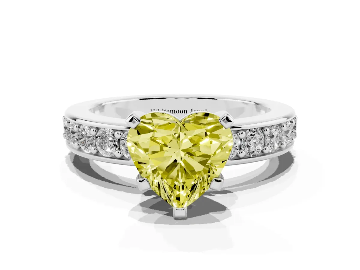 Fancy Yellow Heart Cut Diamond Engagement Ring with Channel Set Round Band and Prong Setting Silver