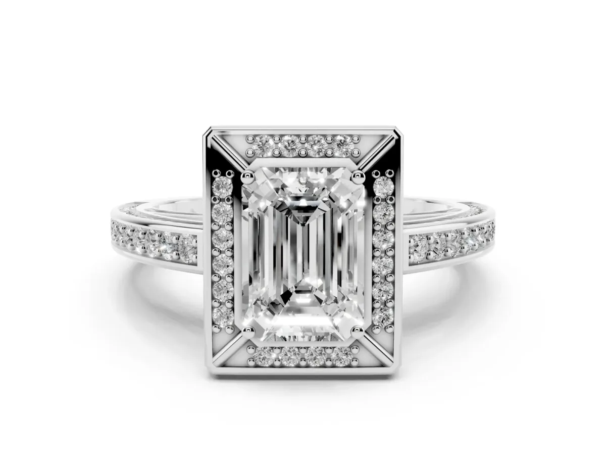 Emerald Cut Cut Halo Pave Split Shank Prong Setting Ring Silver