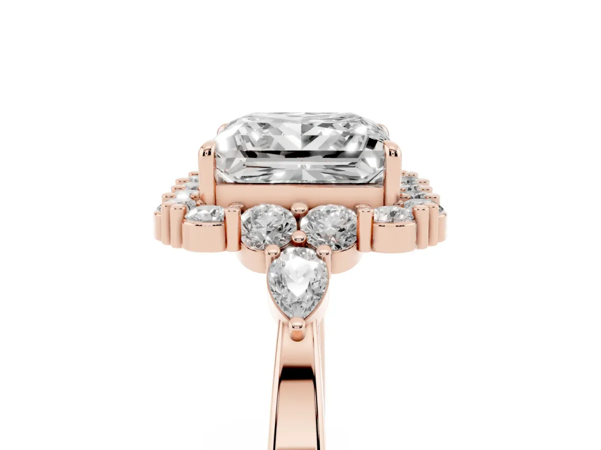 Princess Cut Diamond Halo Ring with Pear Side Stones and Prong Setting Rose gold