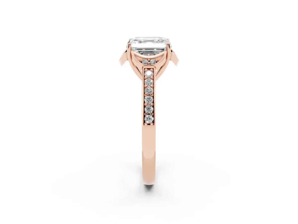 Asscher Cut Cut Halo Diamond Ring with Channel Set Band and Four-Prong Setting Rose gold