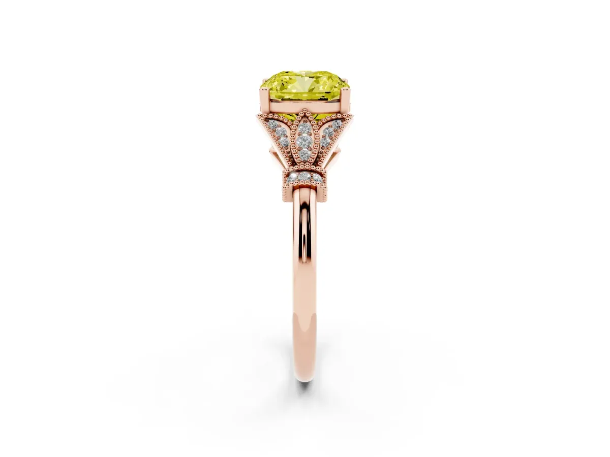 Fancy Yellow Cushion Cut Diamond Solitaire Ring with Floral Filigree and Pave Accents Rose gold