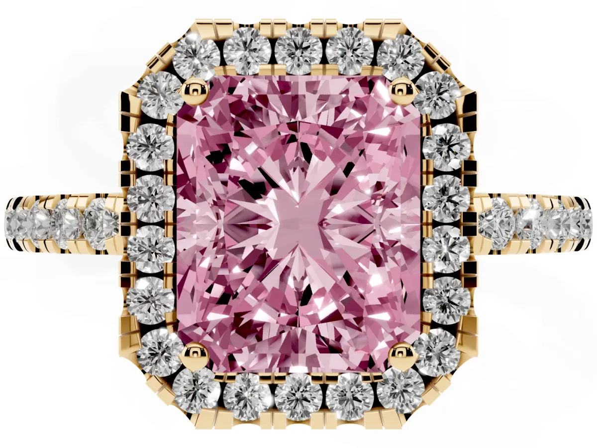 Fancy Pink Radiant Cut Halo Diamond Engagement Ring with Pavé Band and Four-Prong Setting Yellow gold