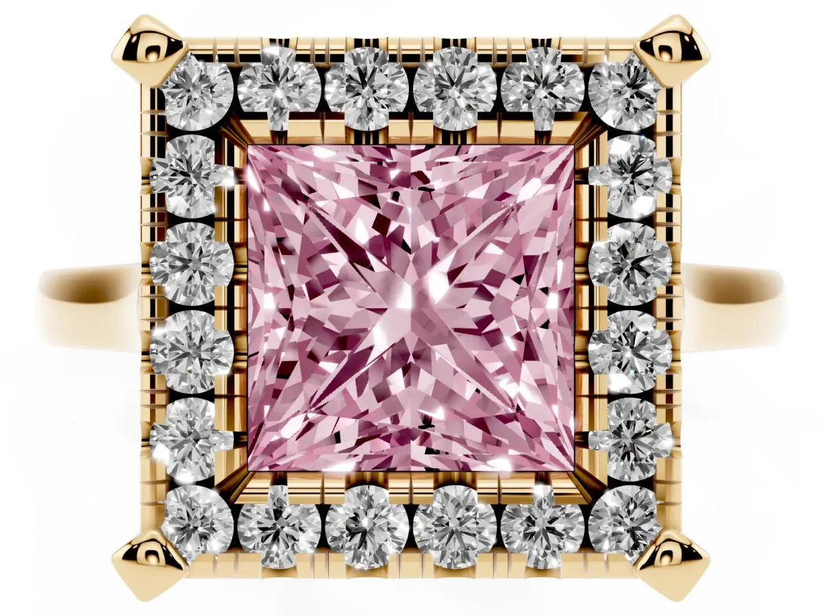 Fancy Pink Princess Cut Diamond Cluster Halo Solitaire with Four-Prong Setting Yellow gold