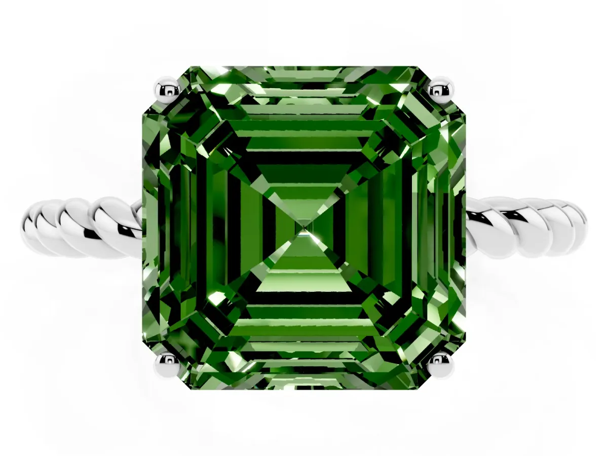 Fancy Green Asscher Cut Solitaire Twisted Band 4-Prong Ring Silver