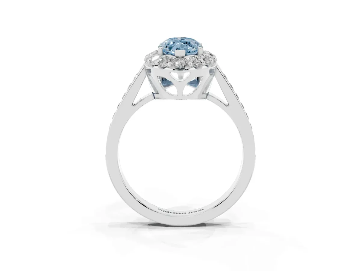 Fancy Blue Marquise Cut Diamond Floral Halo Ring with Pavé Band and Prong Setting White gold