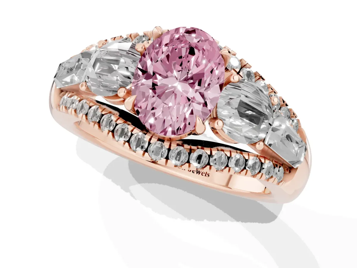 Fancy Pink Three-Stone Oval Cut Diamond Engagement Ring with Pave Band and Prong Setting Rose gold