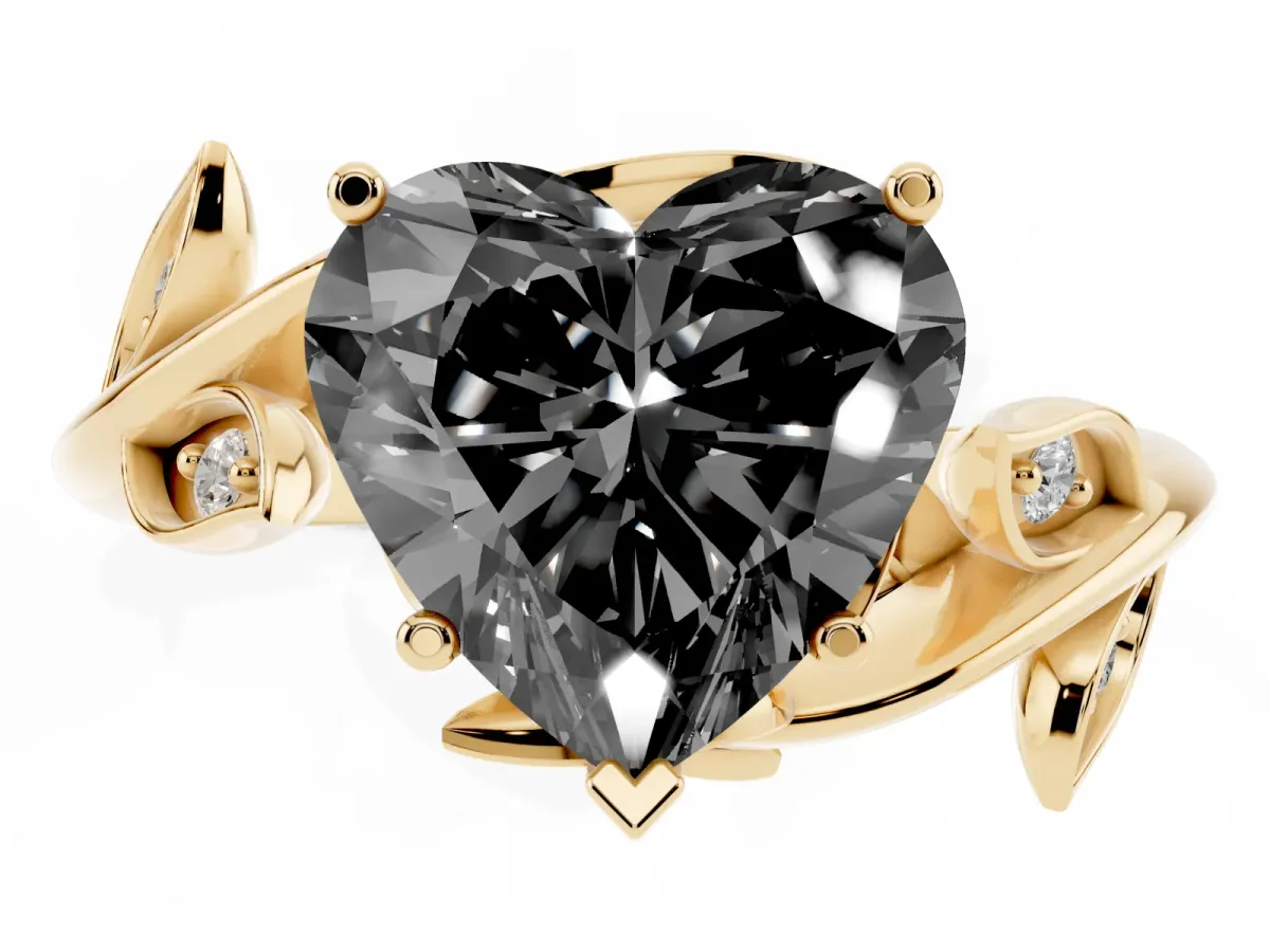 Fancy Black Heart Cut Solitaire Twist Engagement Ring with Leaf Accents and Prong Setting Yellow gold