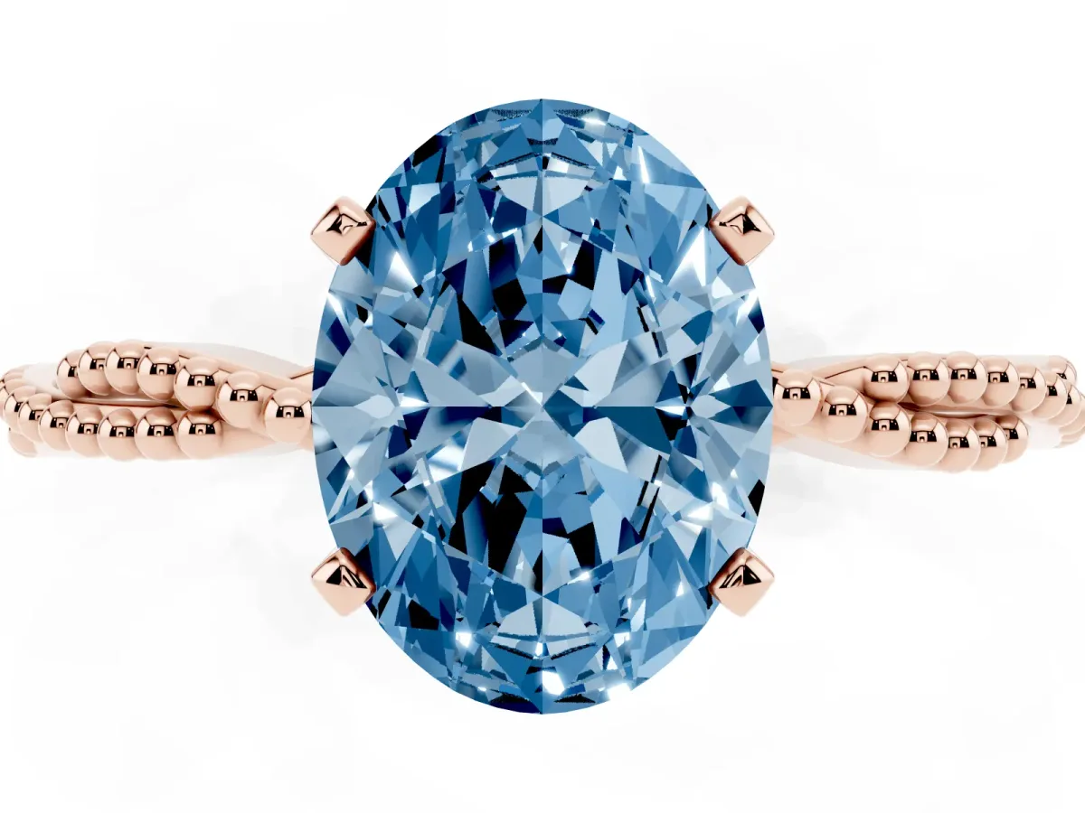 Fancy Blue Oval Cut Solitaire Twisted Band with Bead Prong Setting Rose gold