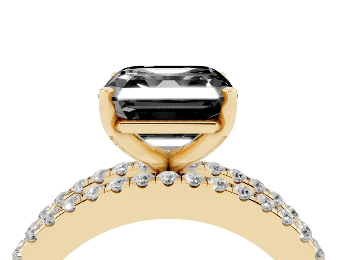 Fancy Black Asscher Cut Diamond Solitaire Ring with Pavé and Channel Set Band Yellow gold