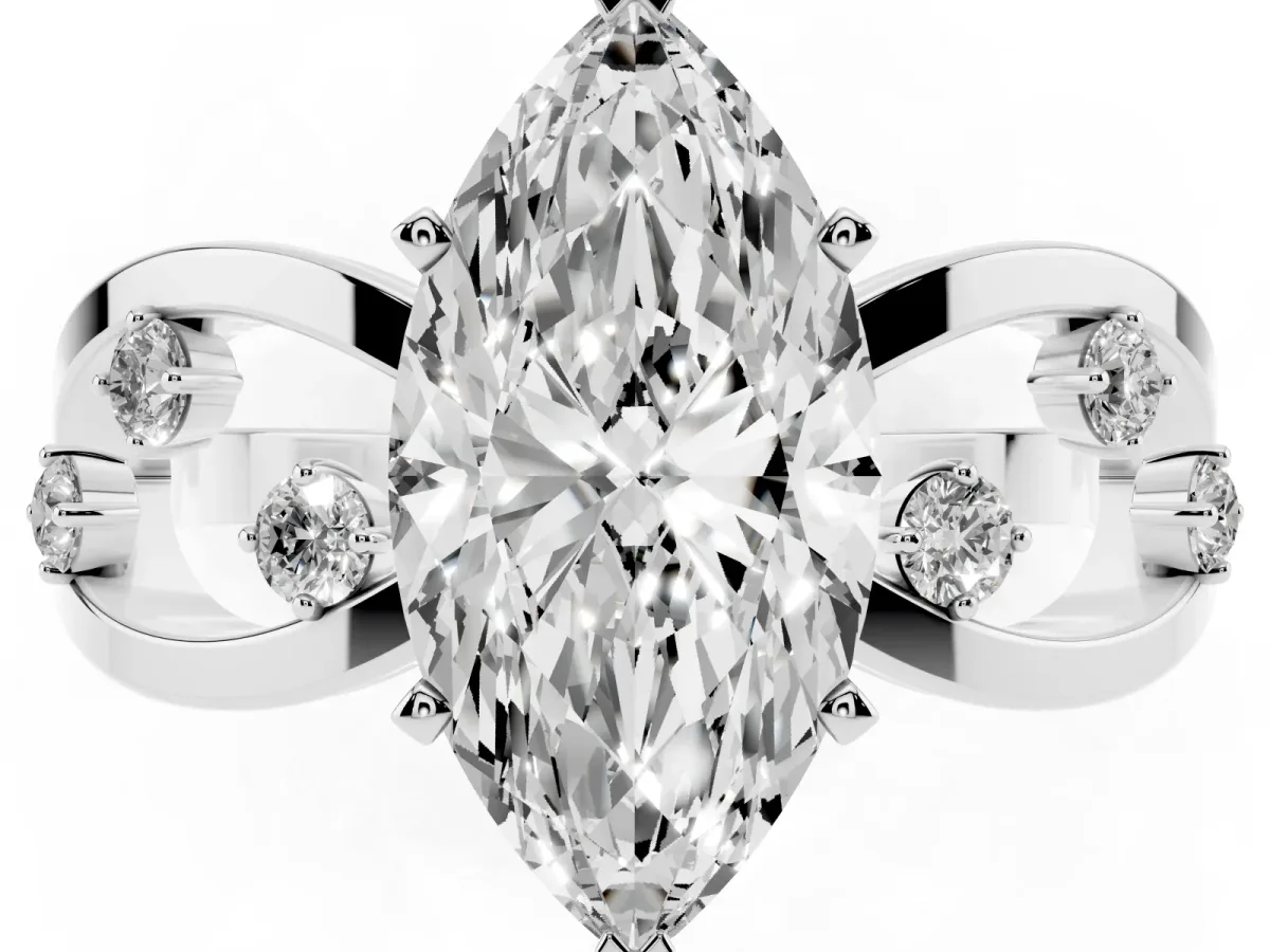 Marquise Cut Cut Solitaire Diamond with Side Stones on Criss-Cross Band and Four-Prong Setting Silver