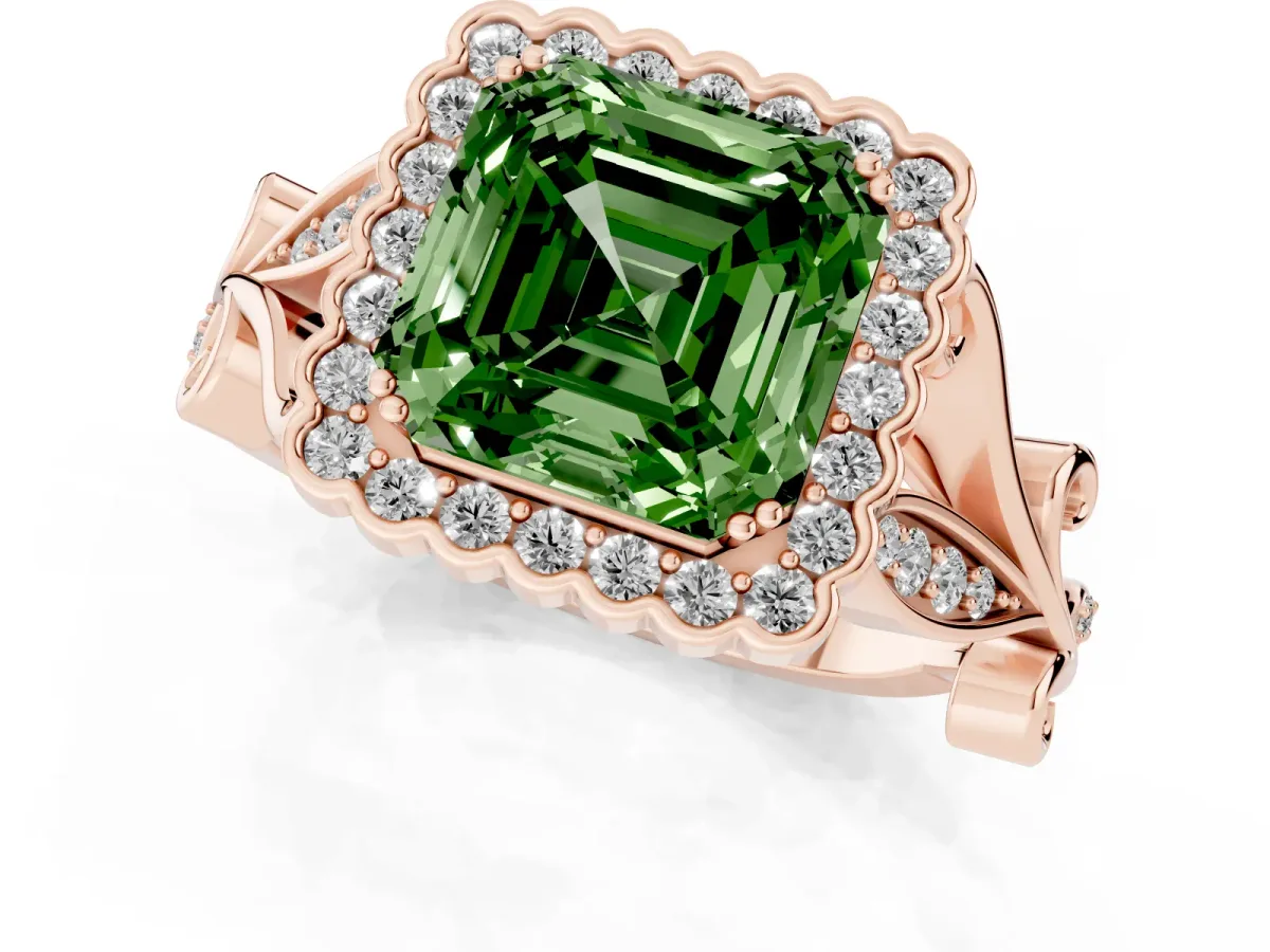 Fancy Green Asscher Cut Diamond Halo Ring with Vintage Split Shank and Four-Prong Setting Rose gold