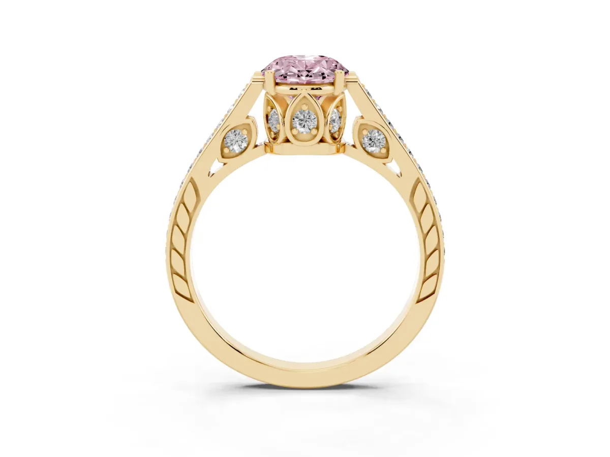 Fancy Pink Oval Cut Cut Cathedral Pave Diamond Engagement Ring with Six-Prong Setting Yellow gold