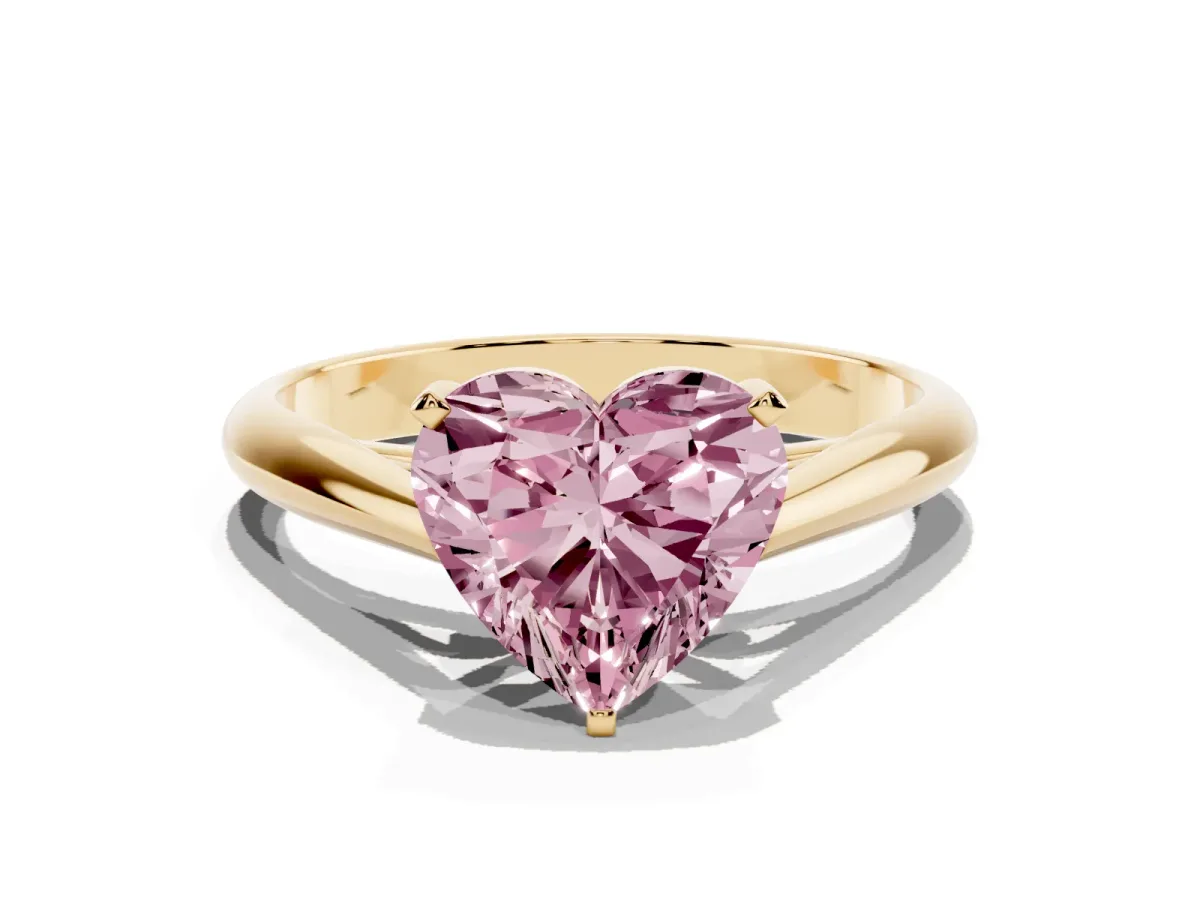 Fancy Pink Heart Cut Diamond Solitaire Engagement Ring with Cathedral Setting and Four-Prong Mount Yellow gold