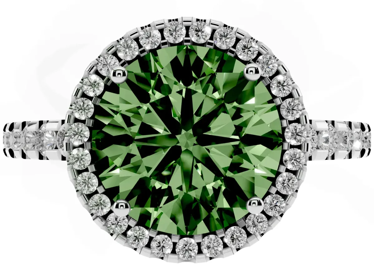 Fancy Green Round Cut Diamond Halo Engagement Ring with Pavé Band and Prong Setting White gold