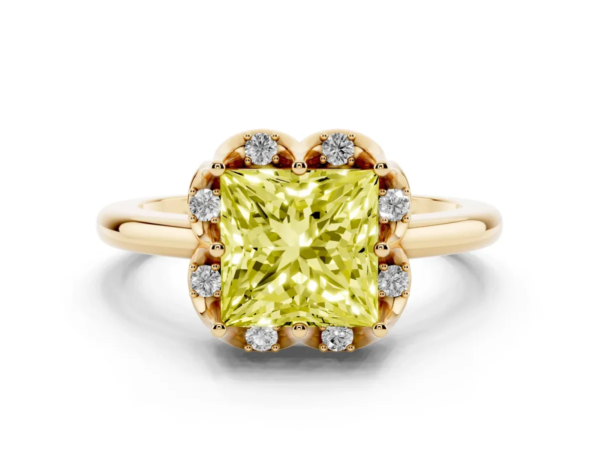 Fancy Yellow Princess Cut Halo Diamond Ring with Round Cluster Setting, Solitaire Band, and Four-Prong Setting Yellow gold