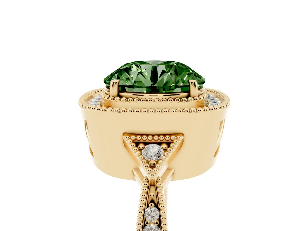 Fancy Green Round Cut Halo Round Diamond Milgrain Pave Engagement Ring Yellow gold