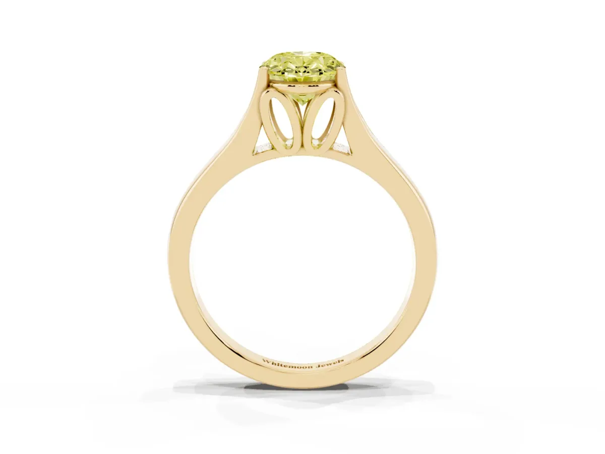 Fancy Yellow Oval Cut Solitaire Diamond Ring with Cathedral Band and Four-Prong Setting Yellow gold