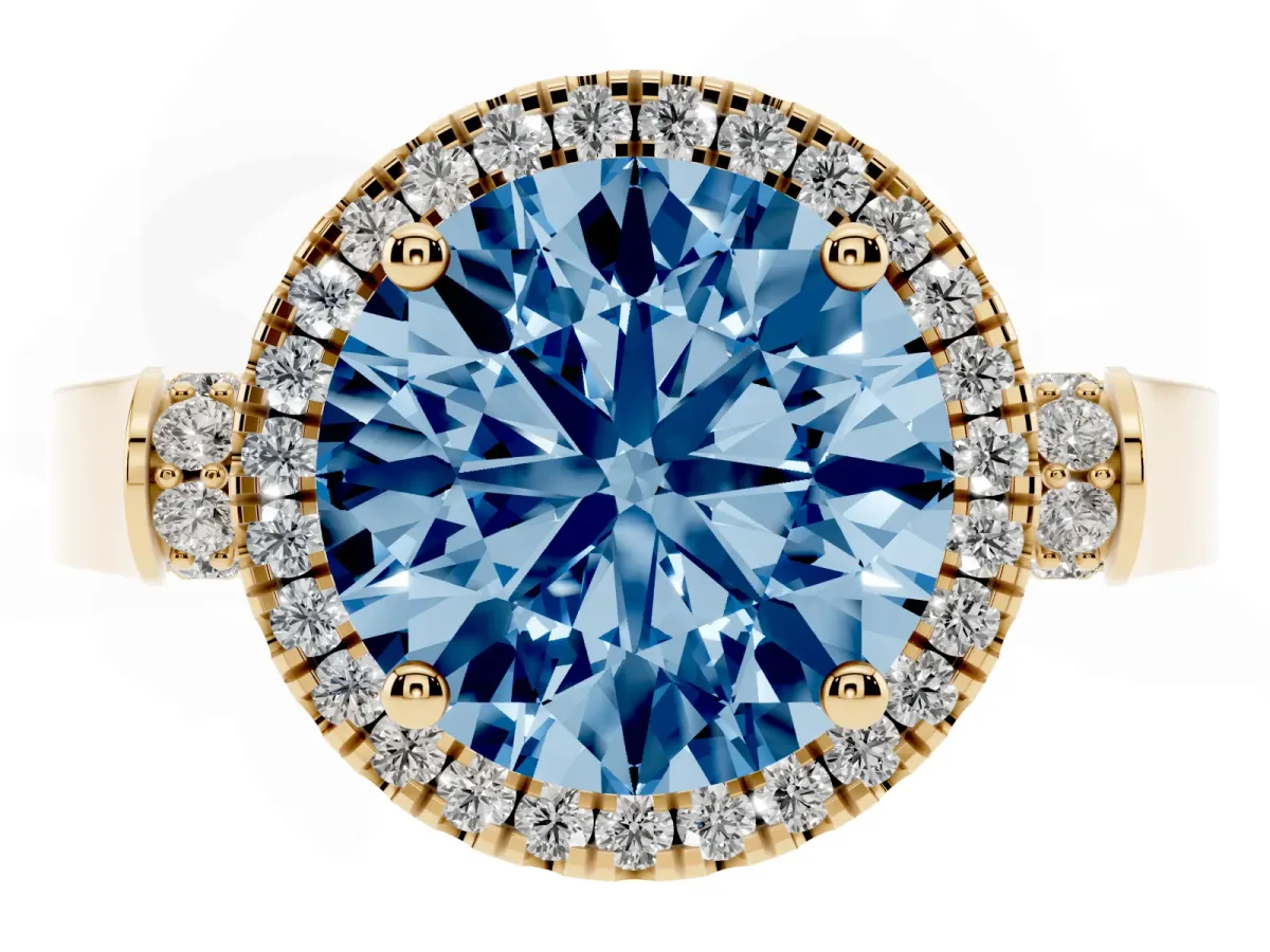 Fancy Blue Round Cut Halo Pave Split Shank Prong Setting Ring Yellow gold