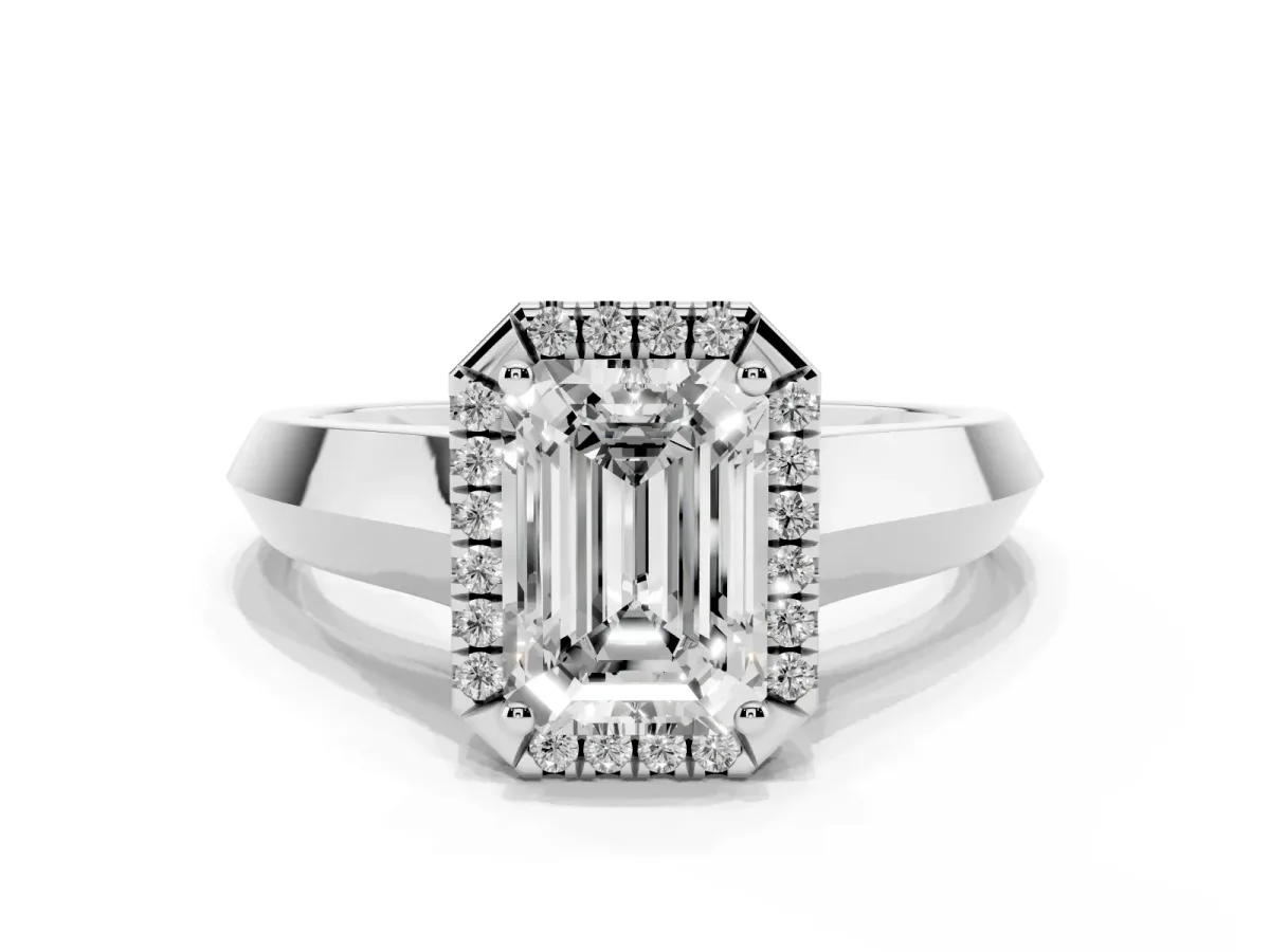 Emerald Cut Halo Diamond Ring with Cathedral Band and Four-Prong Setting White gold
