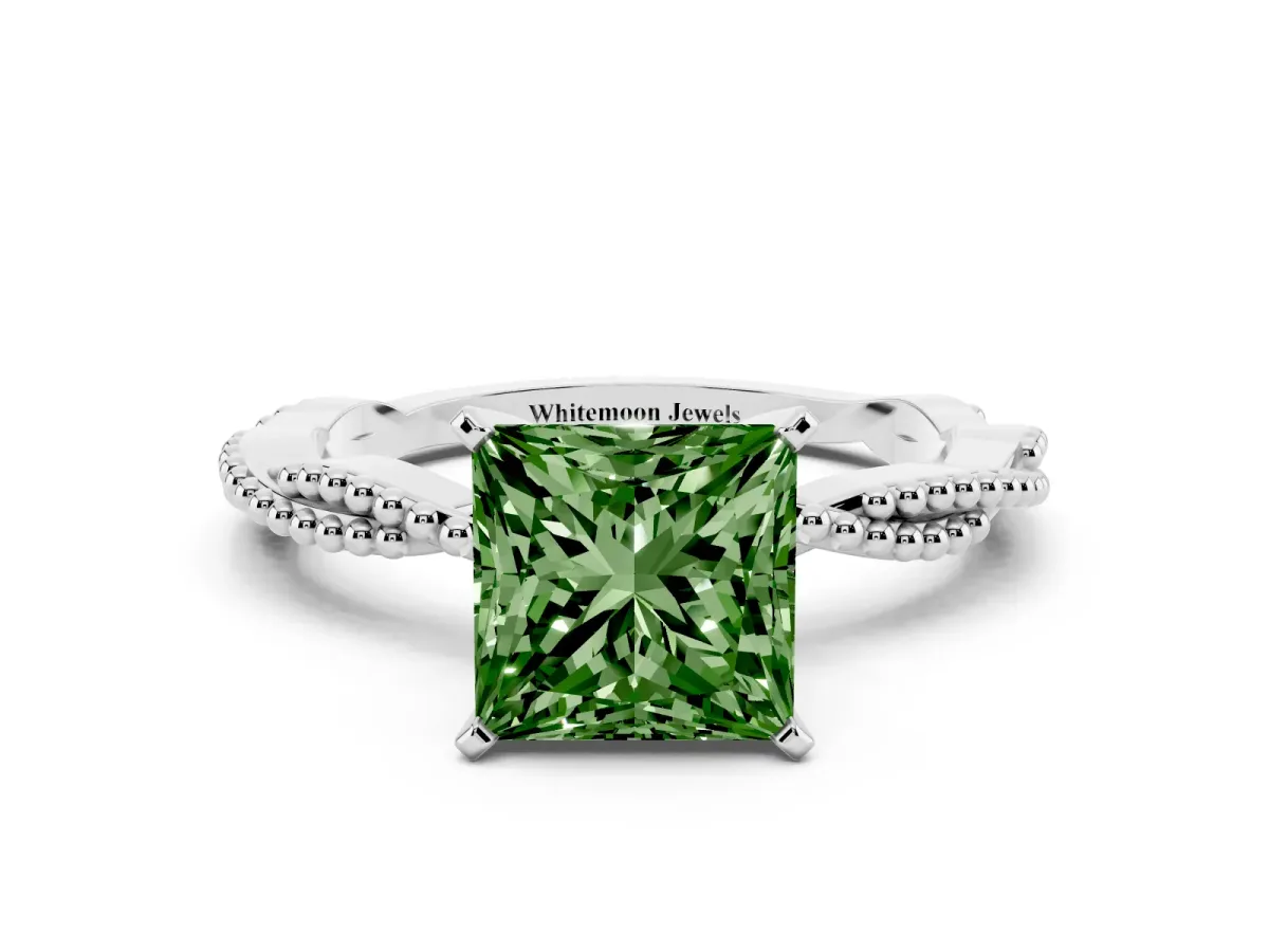Fancy Green Princess Cut Solitaire Twisted Band with Bead Prong Setting Platinum