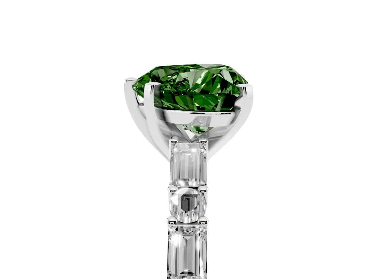 Fancy Green Heart Cut Diamond Solitaire with Side Baguettes and Channel Set Band White gold