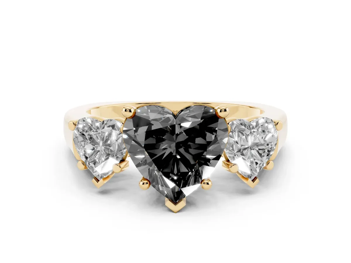 Fancy Black Three-Stone Heart Cut Brilliant Diamond Trellis Ring with Comfort Fit Band Yellow gold
