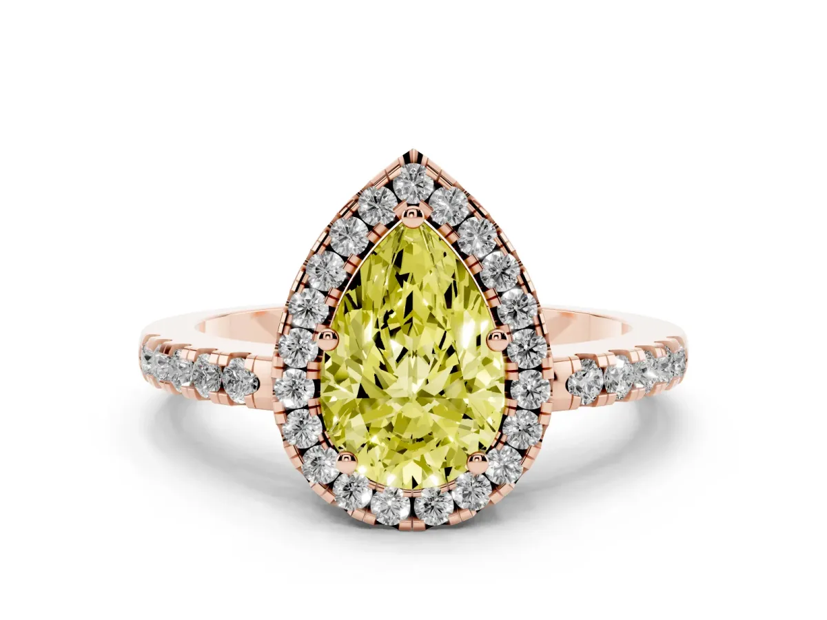 Fancy Yellow Pear Cut Halo Diamond Engagement Ring with Pavé Band and Four-Prong Setting Rose gold
