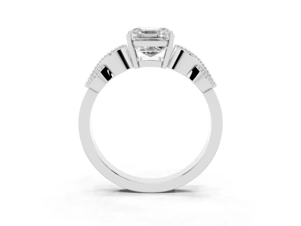 Asscher Cut Solitaire Milgrain Leaf Band with Prong Setting White gold